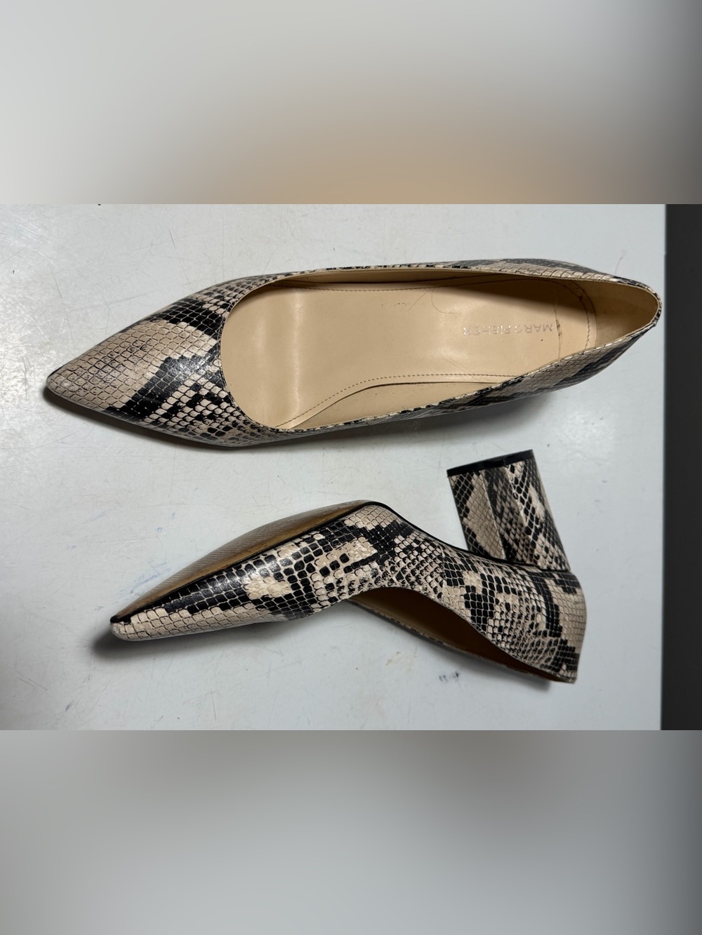 Marc Fisher Women’s 11 Snake-Print Pointed Block Heel Pumps - Black & Cream